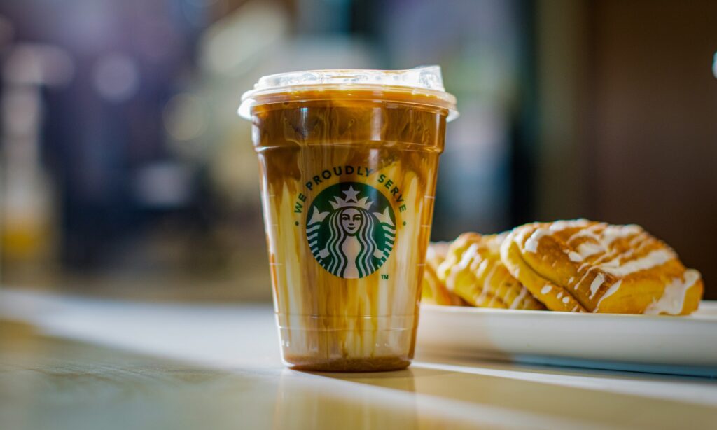Starbucks iced brown sugar oatmilk shaken espresso and cinnamon rolls served at the Panhandle Press Coffee Shop inside Golden Mesa.