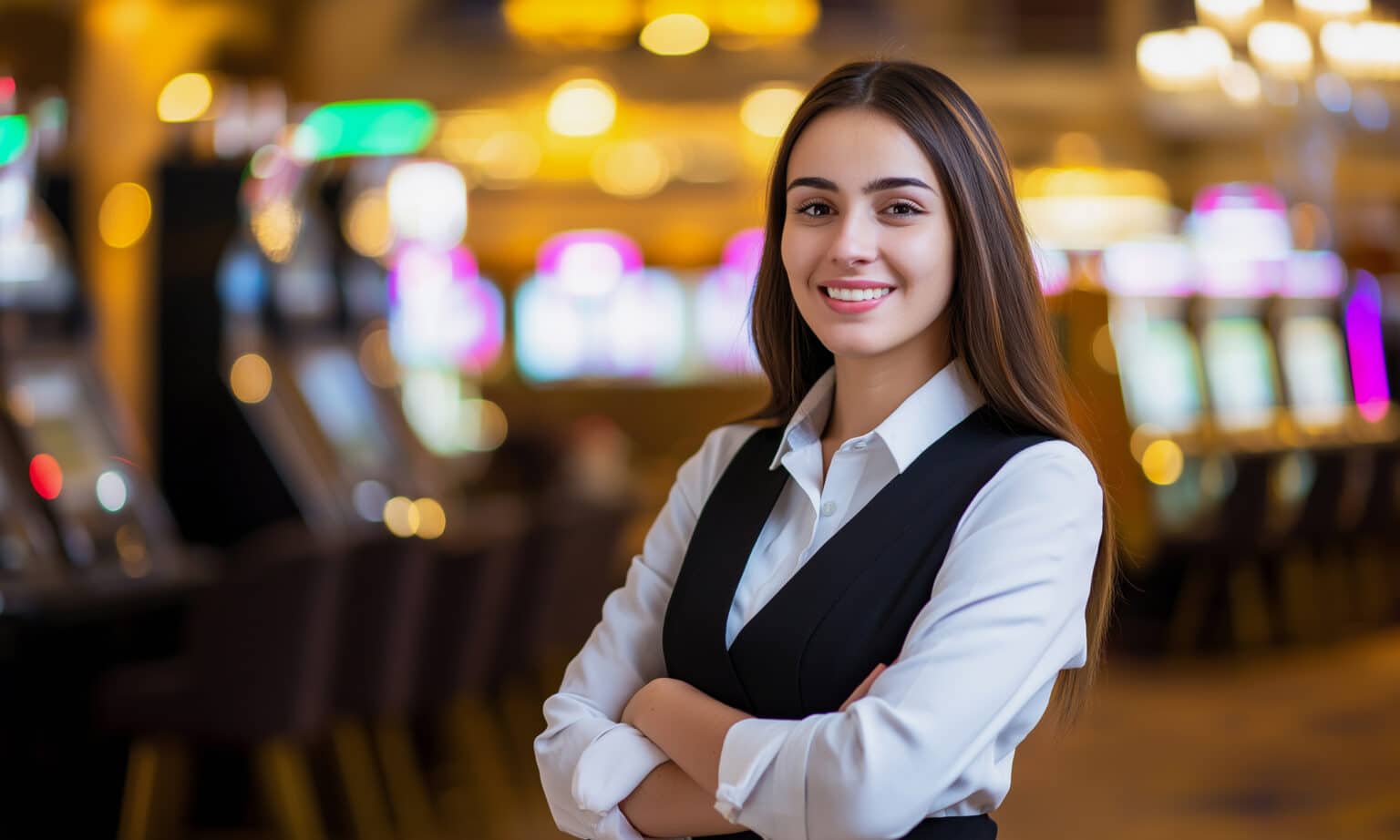Golden Mesa employee in uniform standing on the casino floor with softly glowing slot machines in the background.