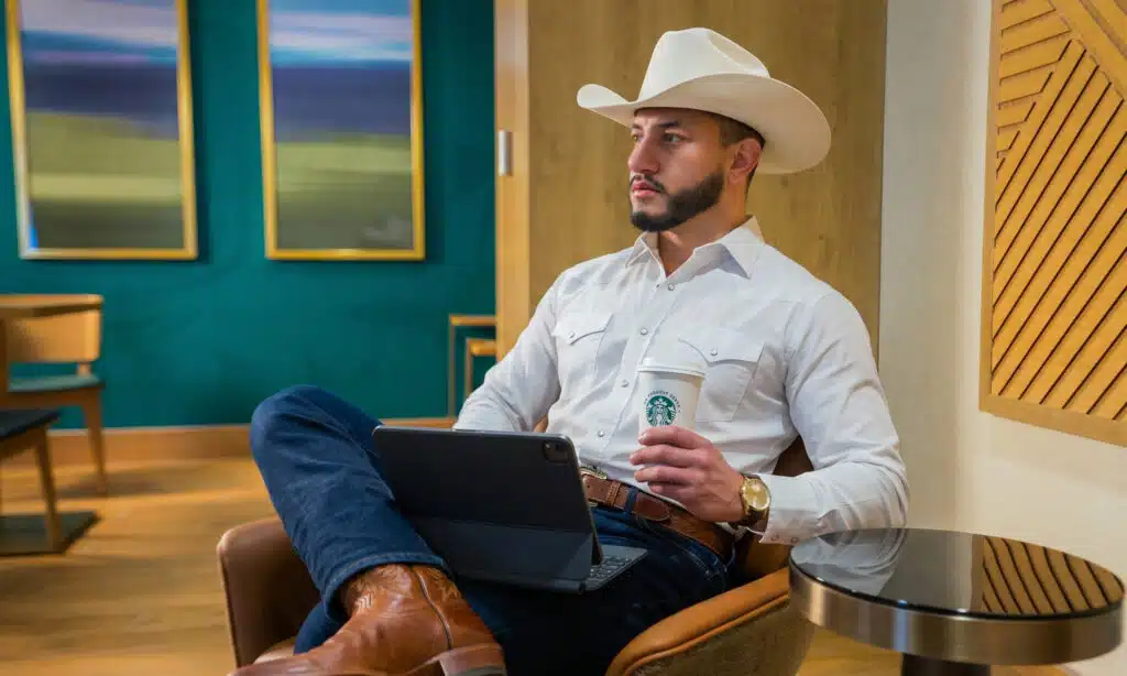 Guest with tablet and Starbucks coffee seated in the lobby near Panhandle Press Coffee Shop at Golden Mesa.